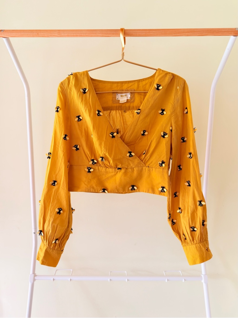 🐝Maeve Anthropologie Mustard Yellow Embroidered Wrap Crop Top 3D bumble bee